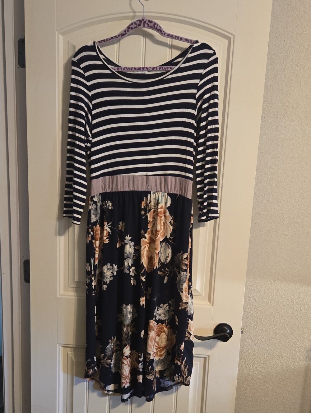 Striped & Floral Navy Women's Dress with Pink Waist Band